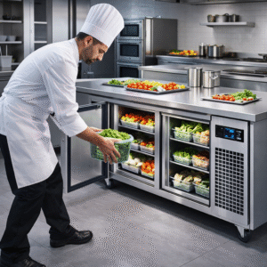 chef utilisant meuble bas refrigere professionnel