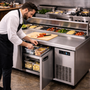 cuisinier utilisant table refrigeree professionnelle
