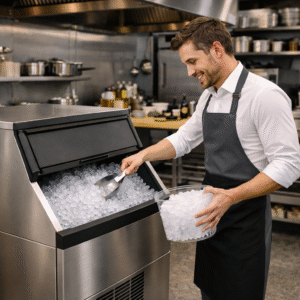 serveur utilisant machine a glacons professionnelle